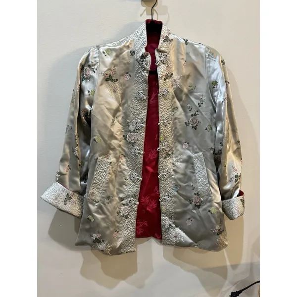 Peony Chinese Vintage‎ Satin Quilted Reversible Jacket Blue & Cream Floral Print - Image 4