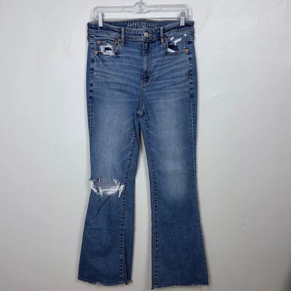 American Eagle Stretch Super Hi-Rise Flare Medium Wash Distressed Casual Size 8 - Image 2