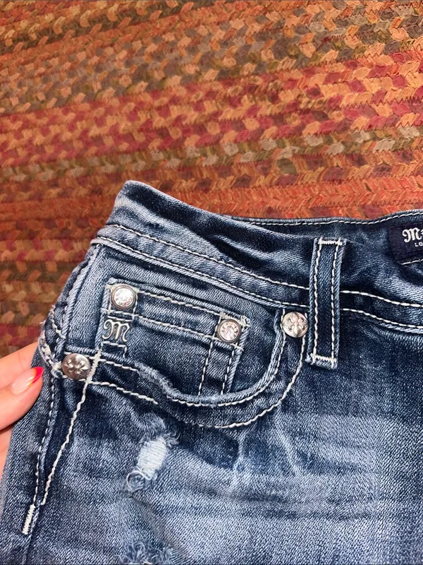 Miss Me Faded Blue Distressed CURVY Denim Shorts BANDANA POCKET - Image 2