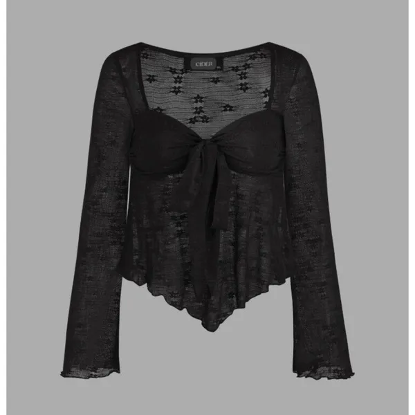 Cider Black Sheer Floral Lace Tie Front Long Bell Sleeve Festival Top Small - Image 2