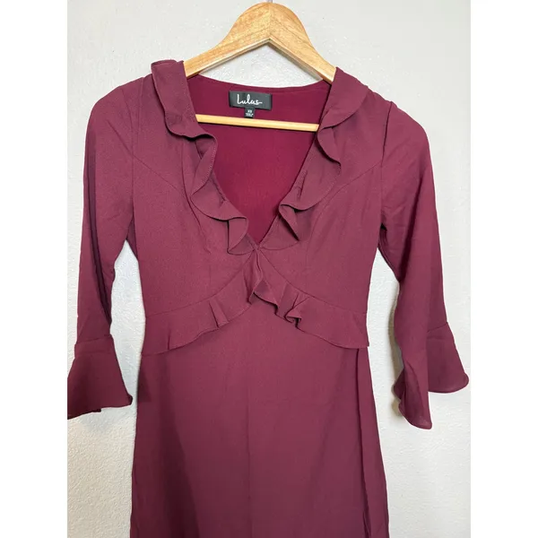 Lulus Burgundy Ruffle V-Neck Bell Sleeve Fit and Flare Mini Dress‎ XS - Image 5
