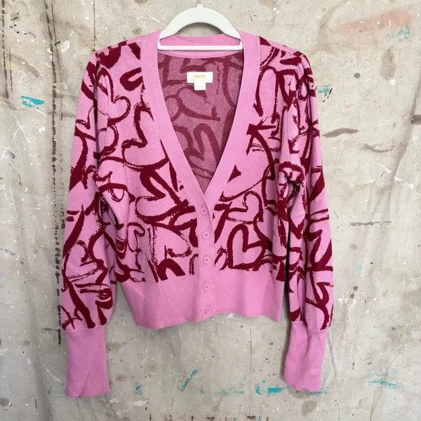 Anthropologie Maeve V-Neck Cardigan Sweater Hearts - Image 3