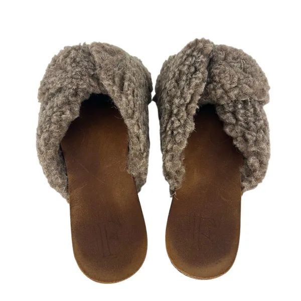 Flattered‎ Lou Teddy Knotted Genuine Shearling Slide Sandals in Taupe - Image 7