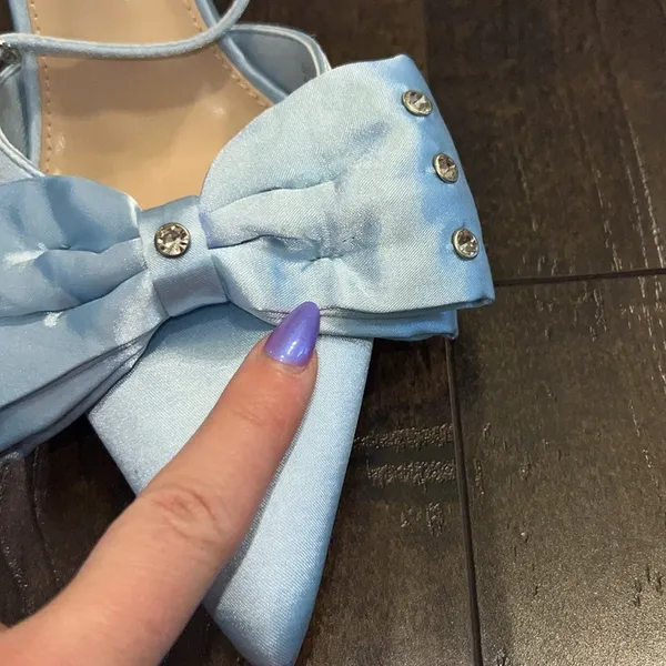 NWOT Lulus Light Blue Satin Rhinestone Bow Stiletto Heels - Image 11