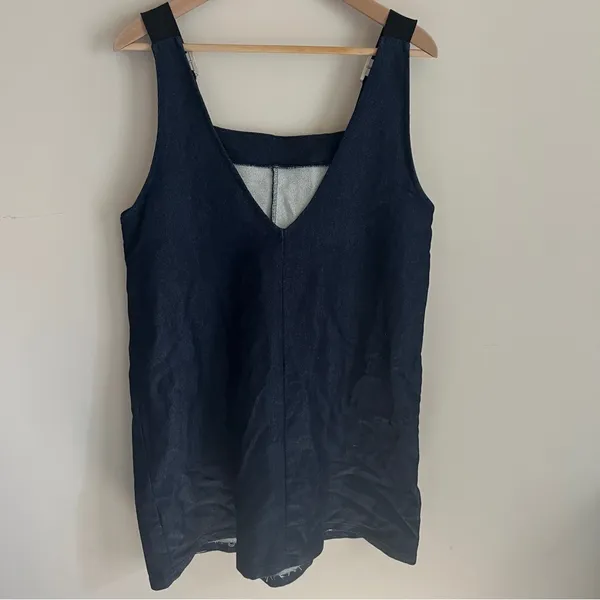 ASOS Denim Jean Jumper Dress Women’s Size US 10 Dark Blue Buckle Strap V Back - Image 2
