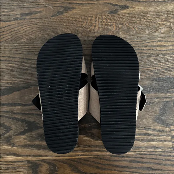 NA-KD Double silver buckle tan leather suede chunky comfy sandal slides size 7.5/EU 38 - Image 4