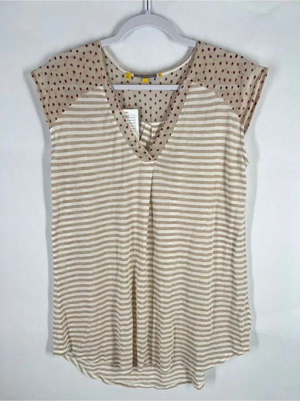 Anthropologie‎ Neutral Beige & White Striped V‑Neck Tee - Image 3