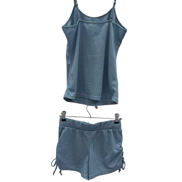 PJ Set Paris Blues Waffle Knit Adjustable Spaghetti Strap Tank and Shorts Small - Image 3