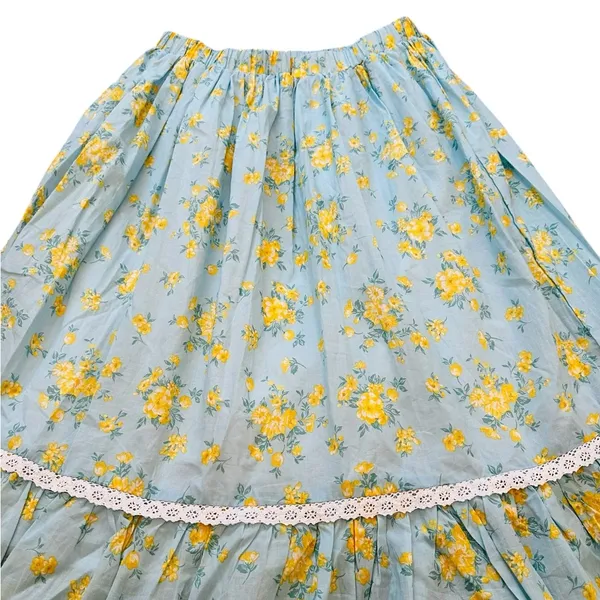 Womens Midi Skirt Light Blue Yellow Floral Cottagecore Boho Feminine Summer - Image 2