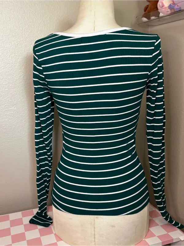 Riley daisy green preppy stripped long sleeve casual everyday y2k white XS - Image 3