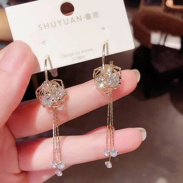 Women's Crystal Rose Flower Tassel Dangle Drop Earrings - Image 2