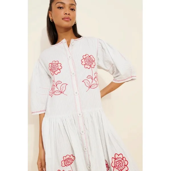 Free People Embroidered Cottage Bohemian Seersucker Saugatuck Midi Dress Large - Image 11