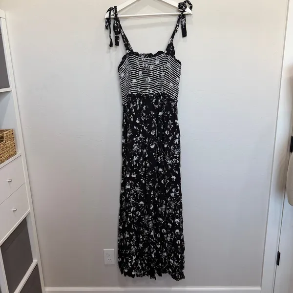 Free People M Black Floral Color My World Wide Leg Jumpsuit Anthropologie Boho - Image 3