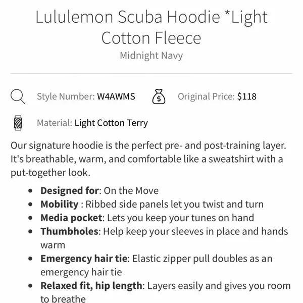 Lululemon Scuba Hoodie Light Cotton Fleece in Midnight Navy Size 10 - Image 8