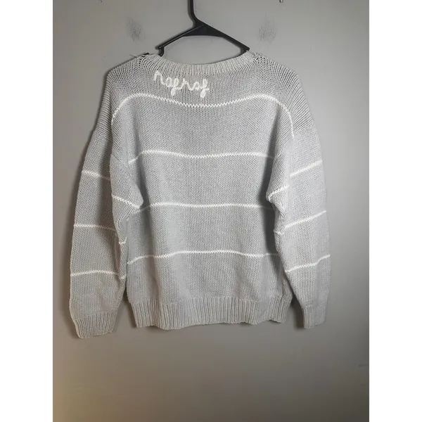 Naf Naf‎ Vintage Gray Striped 100% Cotton Chunky Knit Crewneck Sweater Peru - Image 2