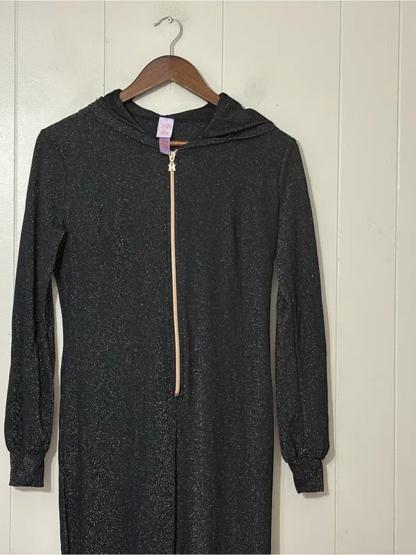 Savage X Fenty Sleep & Shine Hooded Jumpsuit Black Glitter Sz S Zip Front Lounge - Image 4