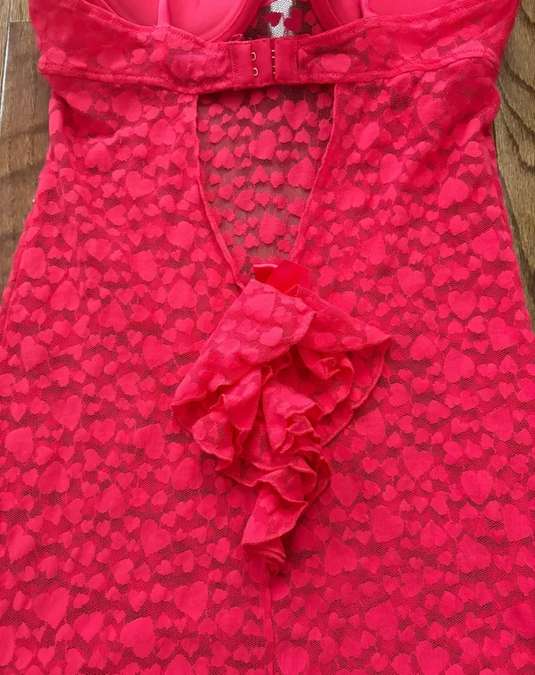 Y2k Victoria’s Secret hot pink mesh heart print lace padded chemise slip - Image 4