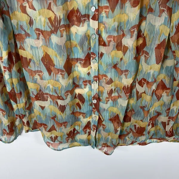 Sundance 100% Silk Deer Print Button Up Blouse Top‎ Blue Size XS Boho Western - Image 4