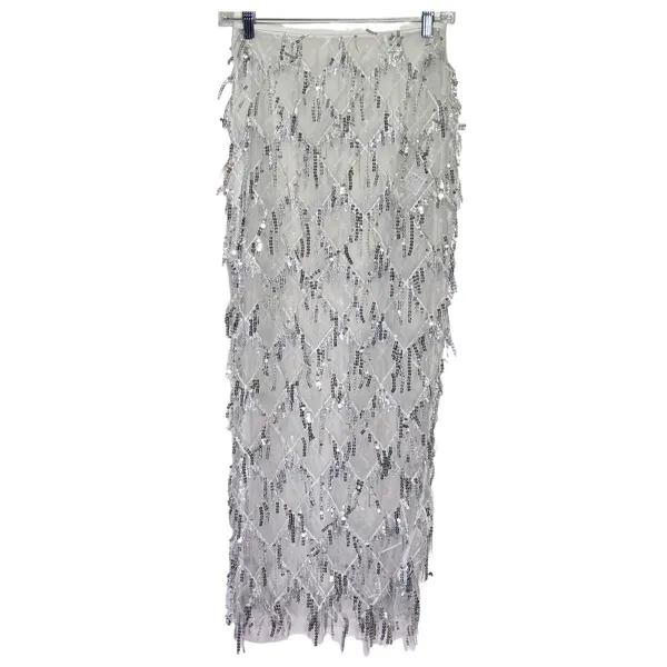 NWT MakeMeChic White Sequin Fringe Mesh Sheer Midi Skirt Sheer Party Medium - Image 5