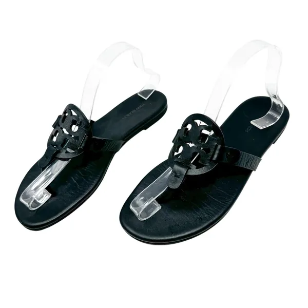 Tory Burch Miller Black Matte Leather Logo Medallion Flat Sandals Size 8 - Image 3