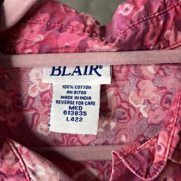 Blair Pink Floral Cotton Button‎ Down Shirt 3/4 Sleeve Womens Medium - Image 4