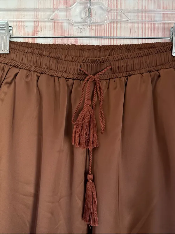 Allegra K Coffee Brown Drawstring Elastic Waist Tassel Satin Jogger Pants Sz XS - Image 6