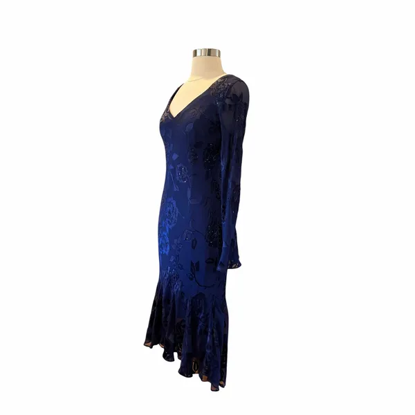 Vintage Alex Evenings Navy Silk Beaded Floral Handkerchief Maxi Dress - Image 4