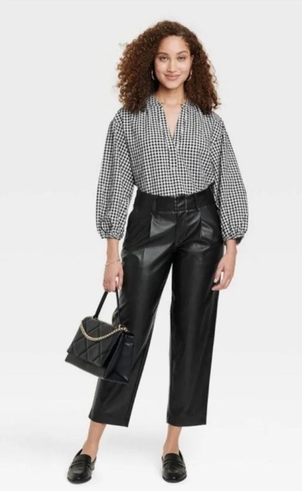 A New Day Black and White Gingham V-Neck Puff 3/4 Sleeve Oversized Top - Image 3