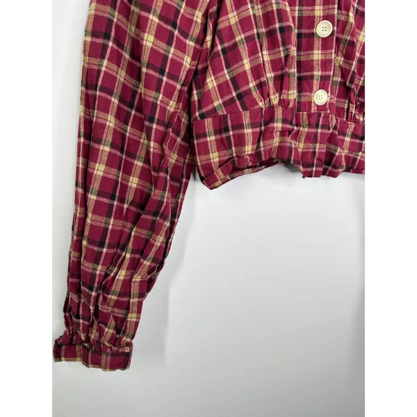 Eggka Peasant Milkmaid Crop‎ Top Red Cream Plaid Long Sleeve Button Front Small - Image 3