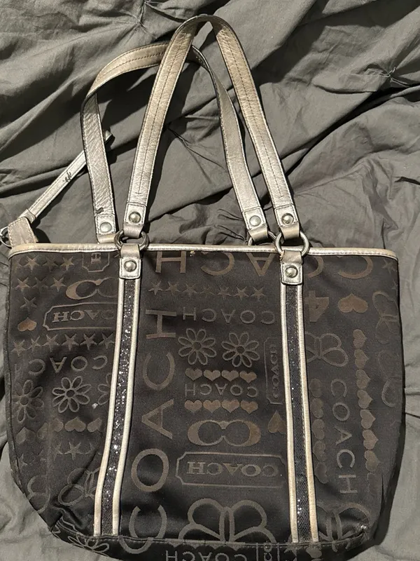 Coach Brown Logo Tote with Metallic Silver Trim - Image 2