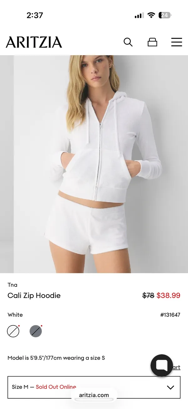 Aritzia TNA Cali Zip Terry Hoodie White Size M - Image 2