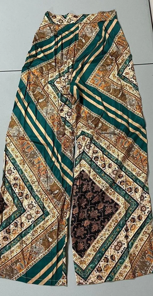 Green Brown Floral Paisley Print Satin Flare Pants Bottoms Wide-Leg Trousers Size XS 🌻✨ - Image 2