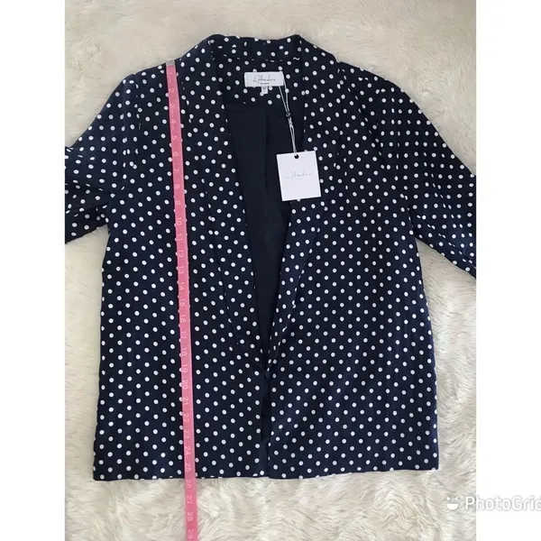 L’ACADEMIE Polka‎ Dot Linen Blazer Medium Navy Blue White Boyfriend Open Front - Image 15