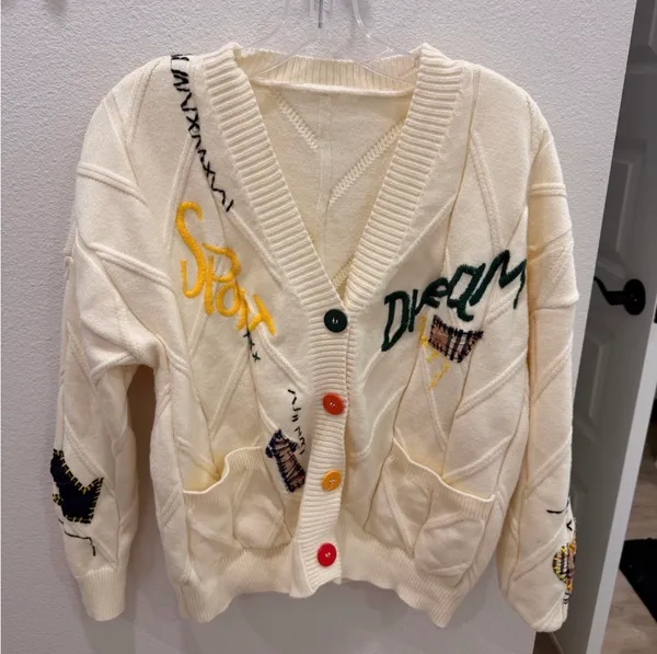 Ebossy Patchwork Cardigan Sweater Yellow Size M - Image 2