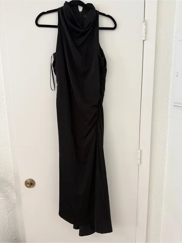 Donna Karan New York Black Satin Halter Midi Dress Ruched Side Slit Size‎ 4 - Image 3