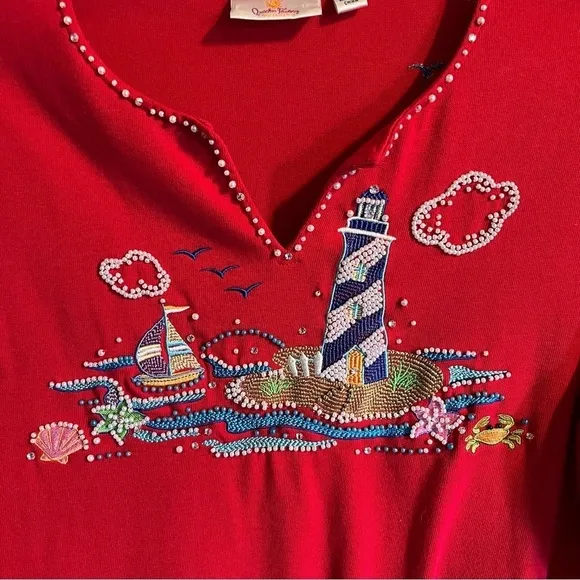 Quacker Factory Red Beaded Embroidered Lighthouse Nautical Themed Top Size Large‎ - Image 8
