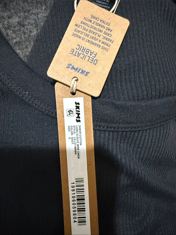 SKIMS NWT (C4) Sheer Cotton Long Sleeve Wide Crew | Color SOOT | Size s - Image 5