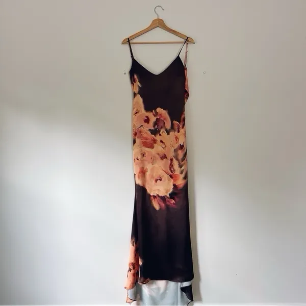 House of CB Mariamma Dark Brown Floral Printed Satin Maxi Dress - Image 10