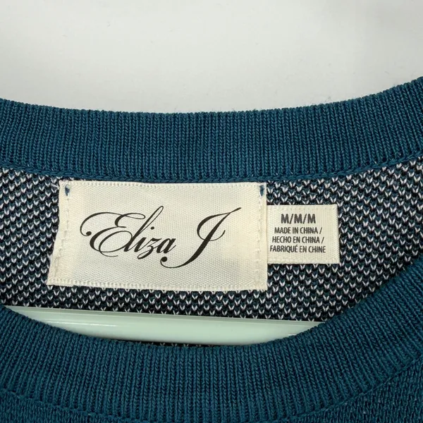 Eliza J Teal Blue Floral Knit Long Sleeve Fit‎ & Flare Sweater Dress Medium - Image 3