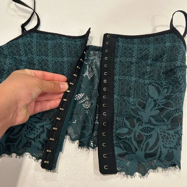 Aerie Lace Crop Top Small Green Sheer Floral Longline Top - Image 6