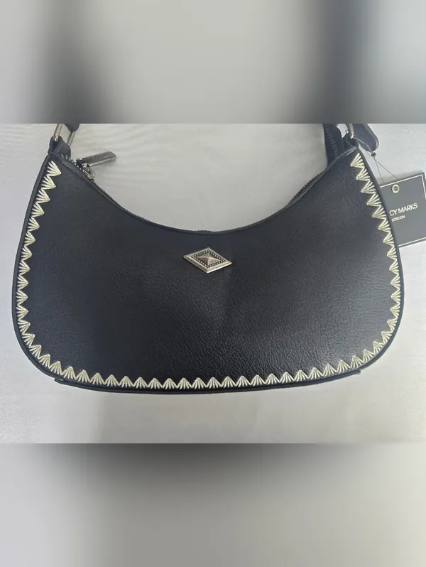 Black Women's‎ Shoulder Bag with Contrast Embroidered Stitching - Image 5