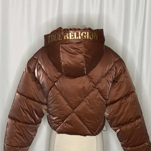 NWT!! TRUE RELIGION High-Shine Metallic Hooded Puffer Jacket Bronze Large - Image 12