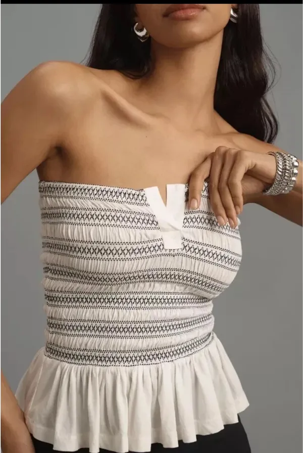 Maeve/ Anthropologie Smocked Split Tube Top white with ruffle hem black smocking - Image 3