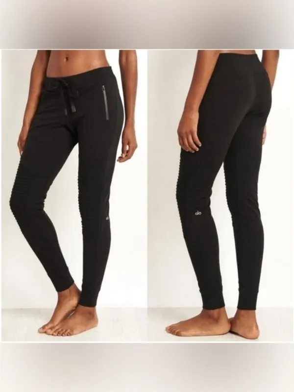Alo Yoga Black Urban Moto Sweatpants Ribbed Joggers Drawstring Waist Athleisure - Image 2