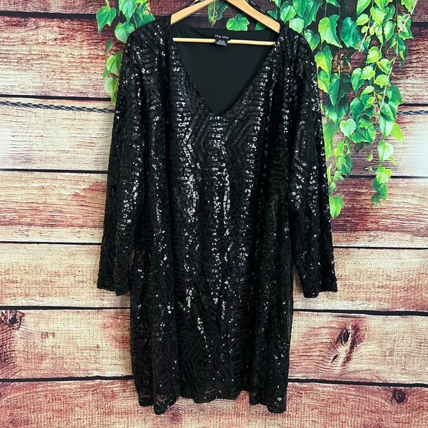 City Chic Long Sleeve Black Sequin Midi Dress 2XL XXL NYE Formal Holiday Black - Image 2