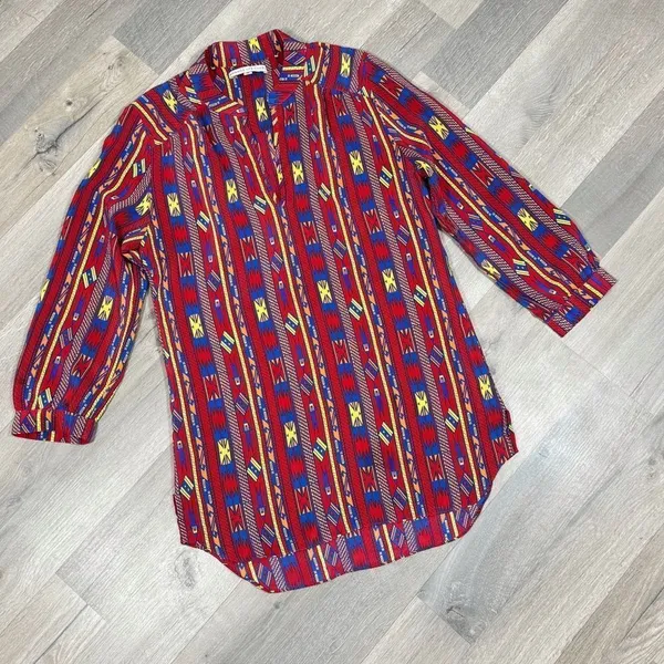 Amanda Uprichard Aztec Native Print Silk Tunic Blouse‎ Red Small - Image 13