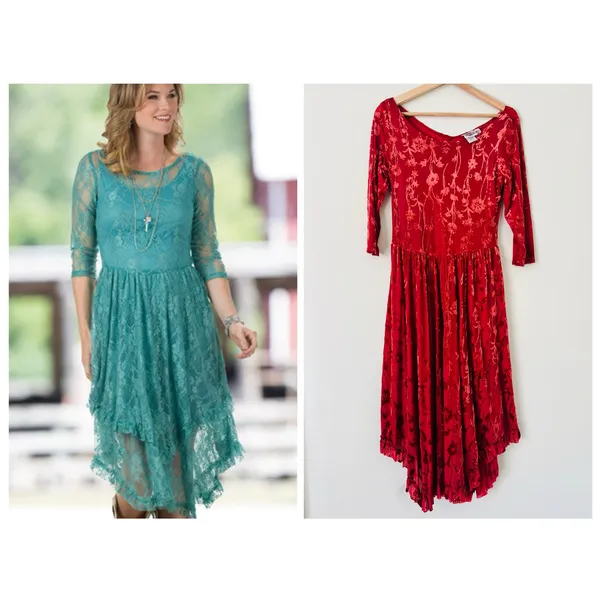 Rod's Western Dusty Red Fields Velvet‎ Lace Tiered Women’s Dress Medium Cowgirl - Image 2