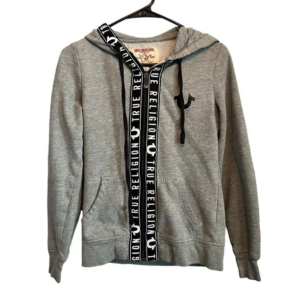True Religion Logo Tape Zip Up Hoodie Gray Y2K Streetwear Sweatshirt Size Small - Image 2