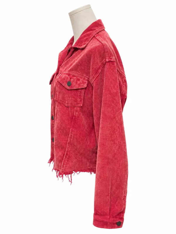 POL Red Corduroy Trucker Jacket Medium Distressed Raw Hem Boho - Image 2
