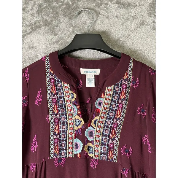 Sundance World Vision Embroidered 3/4 Sleeve Shift Tunic Dress Plum Boho XS - Image 2